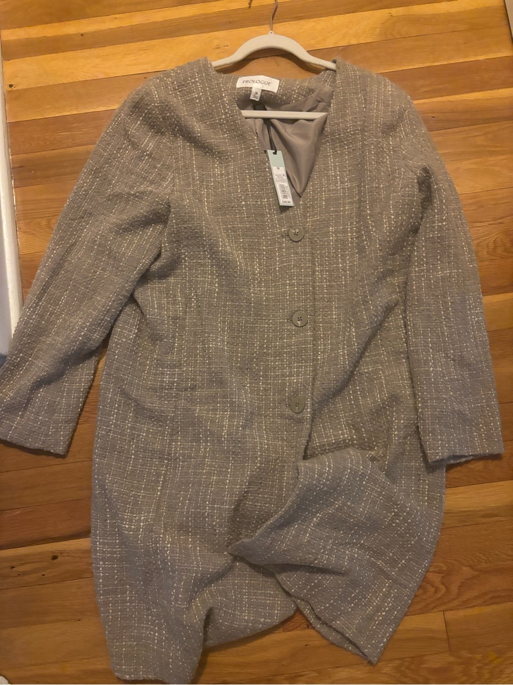 NWT Prologue Beige Tweed Collarless Coat with Subtle Metallic Thread